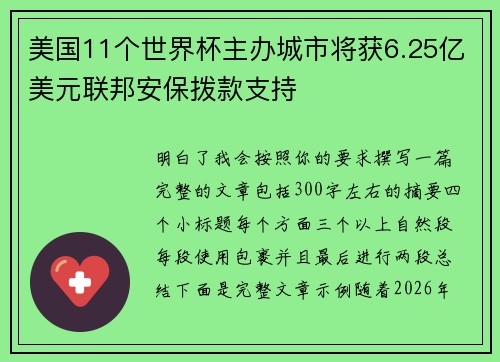 美国11个世界杯主办城市将获6.25亿美元联邦安保拨款支持